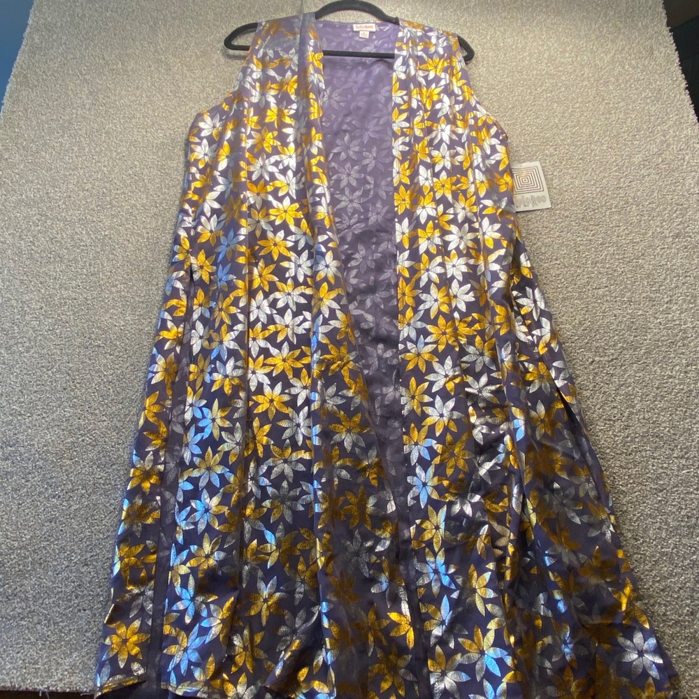 LuLaRoe Joy Duster Vest Large Purple Gold Silver Metallic Floral Sheer Mesh NEW